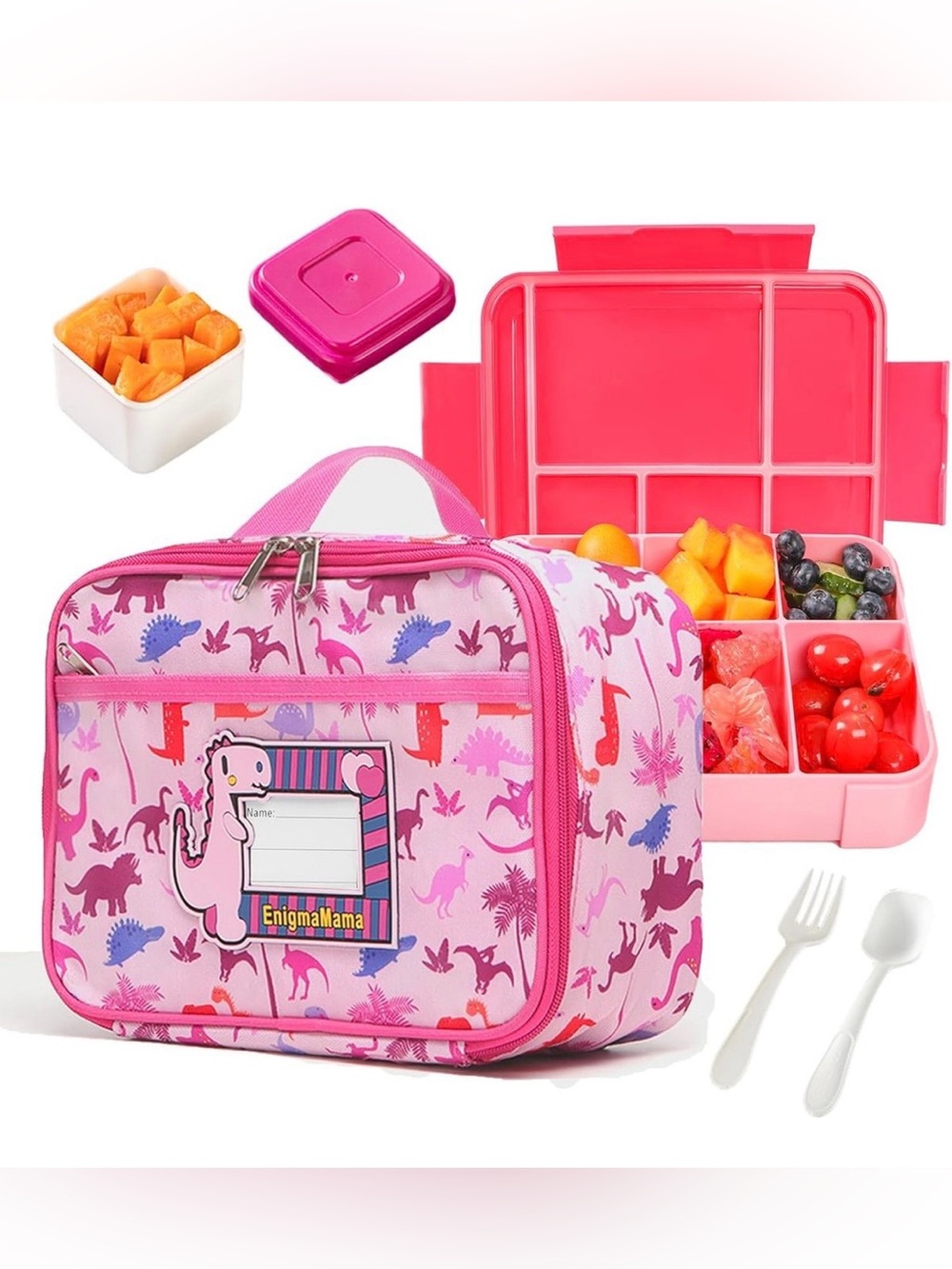 Kids Pink Dinosaur Lunch Bag with Bento Box